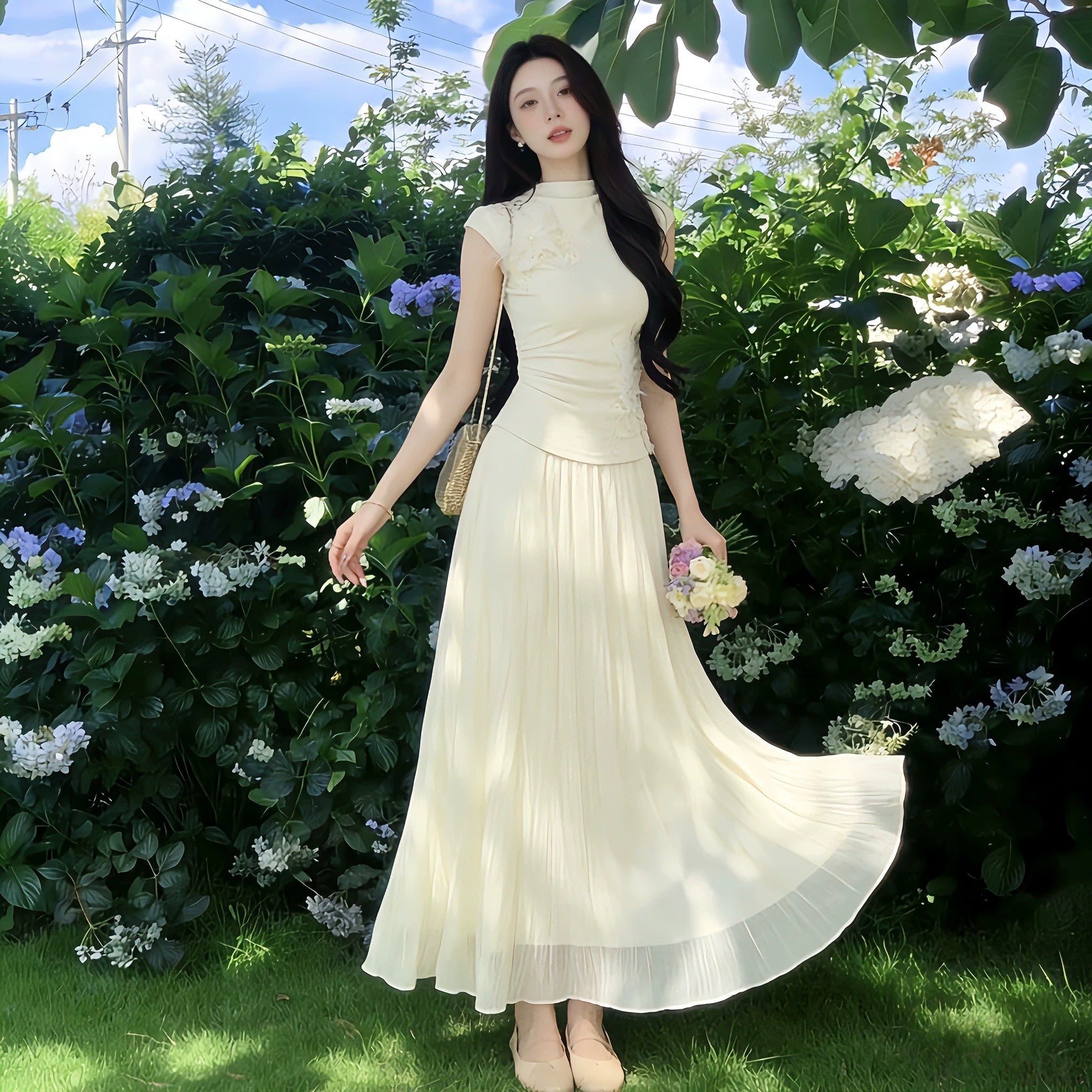 ノースリーブ ニット トップス ＆ プリーツ ロング スカート セットアップ 2点セット 半袖 高見え 上品大人可愛い お出かけ パーティー 結婚式  美シルエット