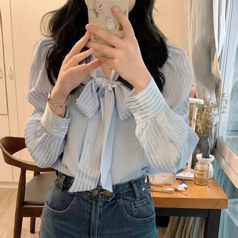 ストライプ柄リボンシャツブラウストップス