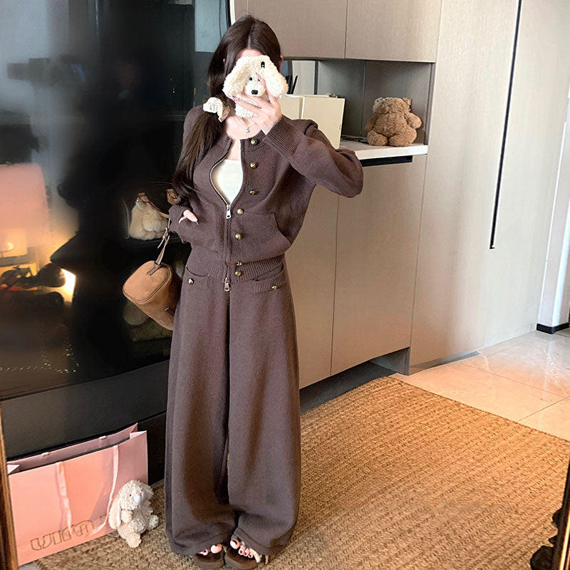 ボタンニットカーディガン＋ワイドパンツ2点セットアップデザイン 秋冬きれいめニットセット