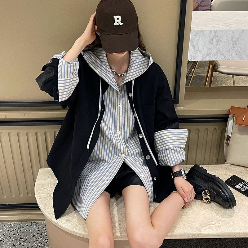 ストライプ柄フード付きシャツトップスけだるい風