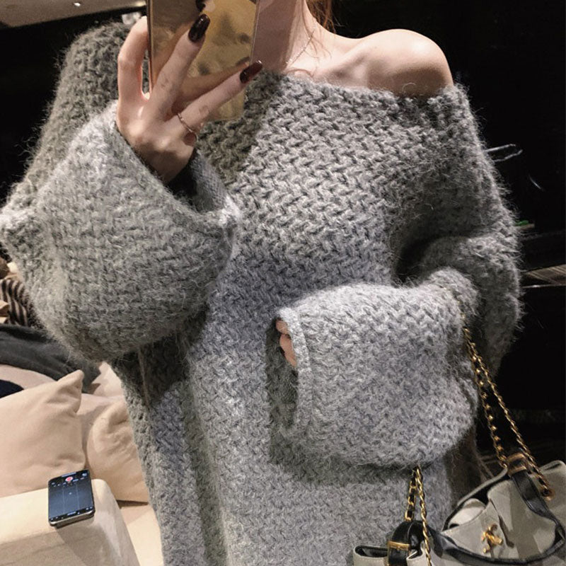 オフショルダーニットトップス+ボーダーワイドパンツ 2 点セット ルーズシルエットリラックスセットアップ