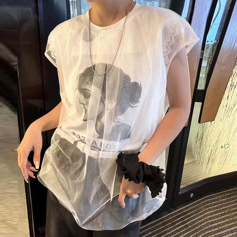 レースフレンチ袖重ね風Tシャツトップス