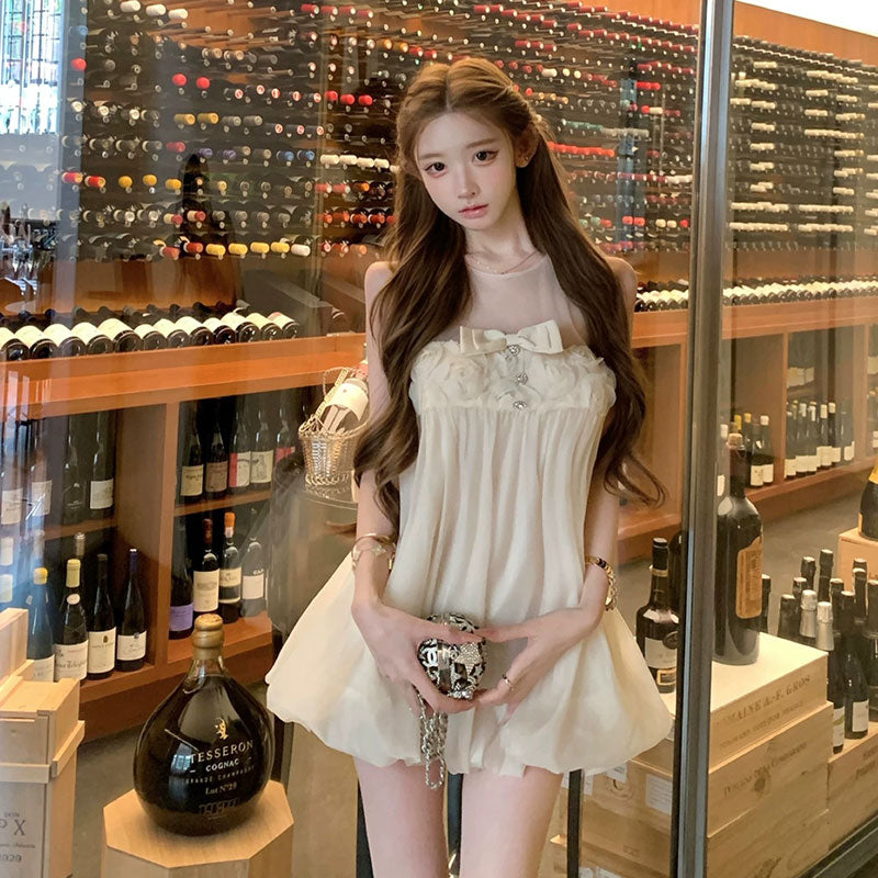 カジュアルワンピース チュールミニ丈 バラレースリボン 韓国風 大人可愛い デートワンピース パーティー