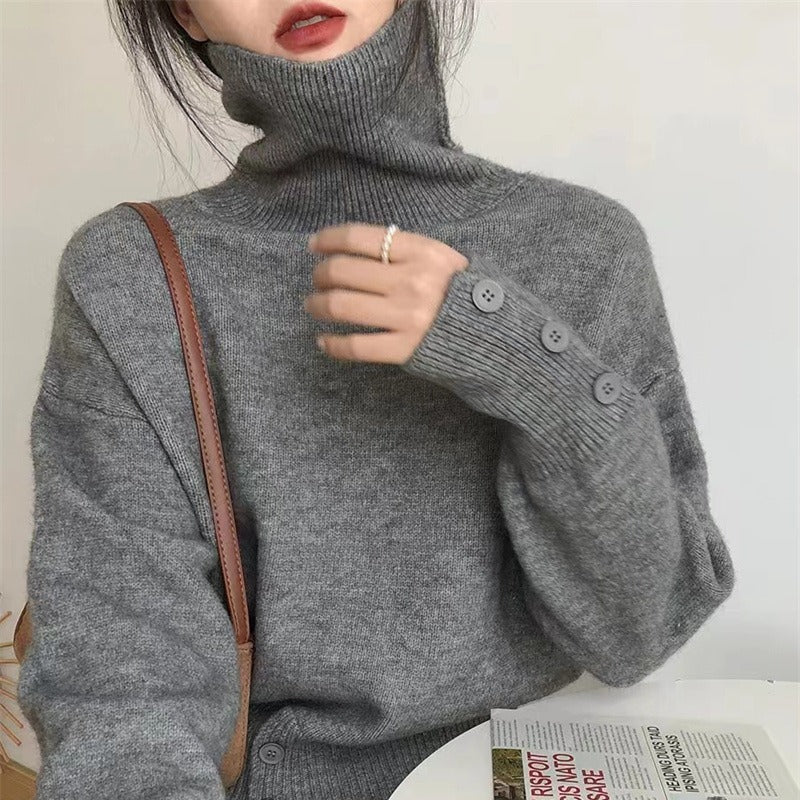 ハイネックけだるい風無地ニットセーターボタン付きシンプルコーデトップス