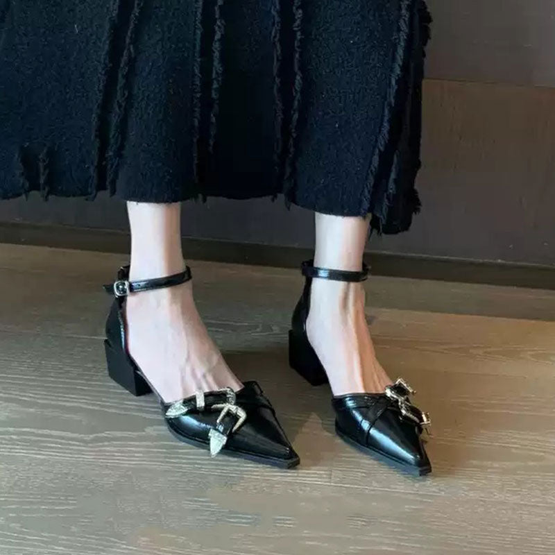 【3 色展開】ポインテッドトゥ バックルシューズ ストラップパンプス  ローヒール通勤 デート 大人可愛い 韓国風
