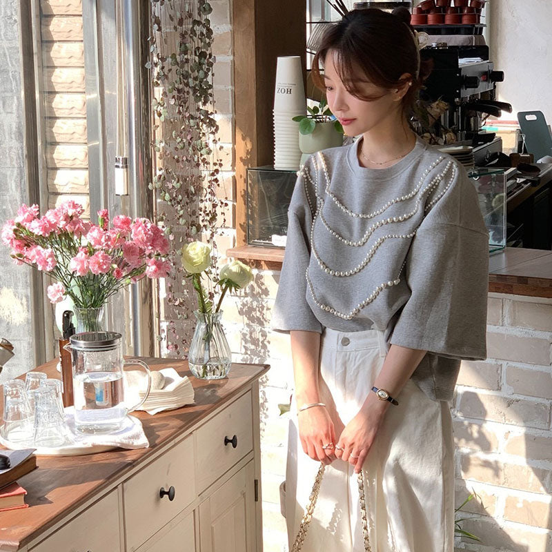半袖Tシャツビーズ付きシンプルコーデしやすいトップス