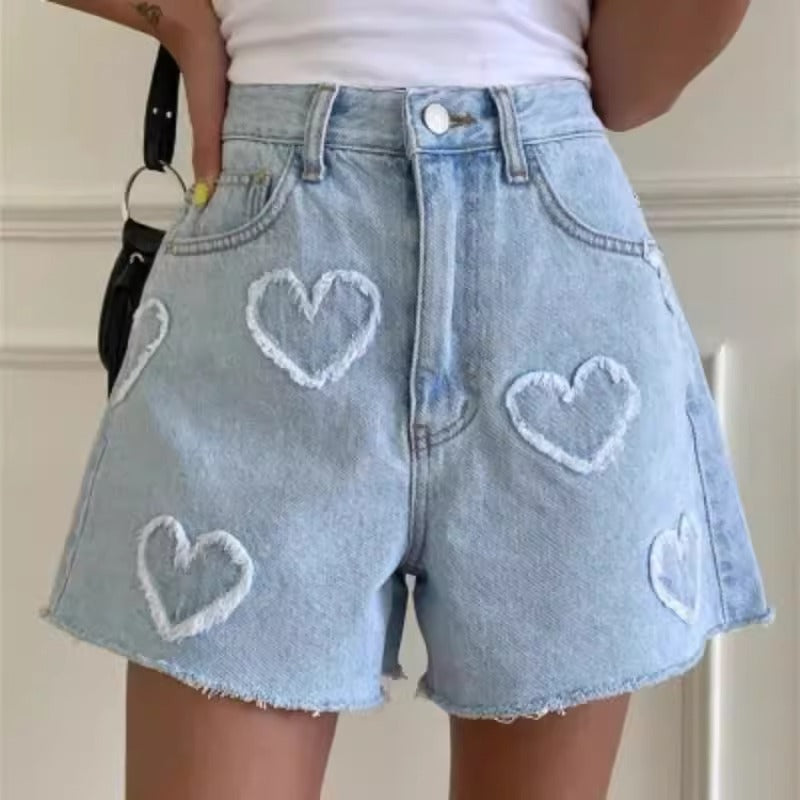 ハートプリントデニムパンツショートパンツダメージデザイン