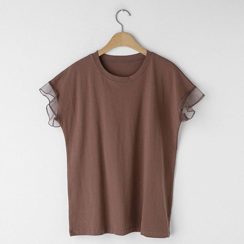 フレンチ袖メッシュ切替袖シンプルコーデTシャツトップス