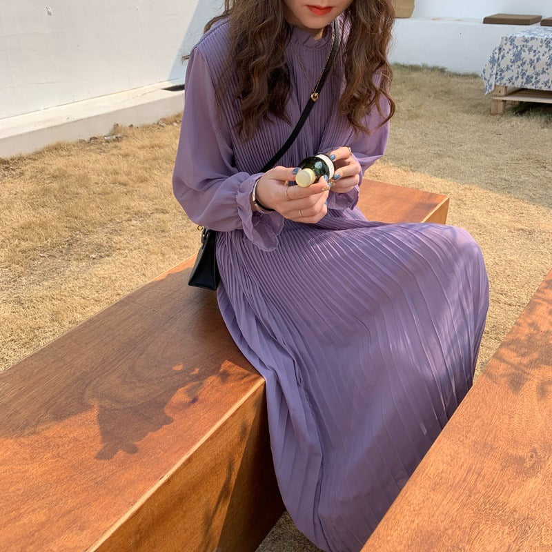 プリーツフレア裾カジュアルワンピース