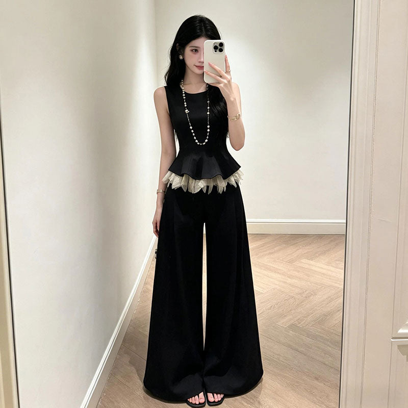 ノースリーブペプラムトップス+ワイドパンツ セットアップ ブラック チュール裾 韓国風 エレガント 大人可愛い オフィス デート