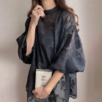 前後リバーシブル花柄シースルートラペットブラウストップス
