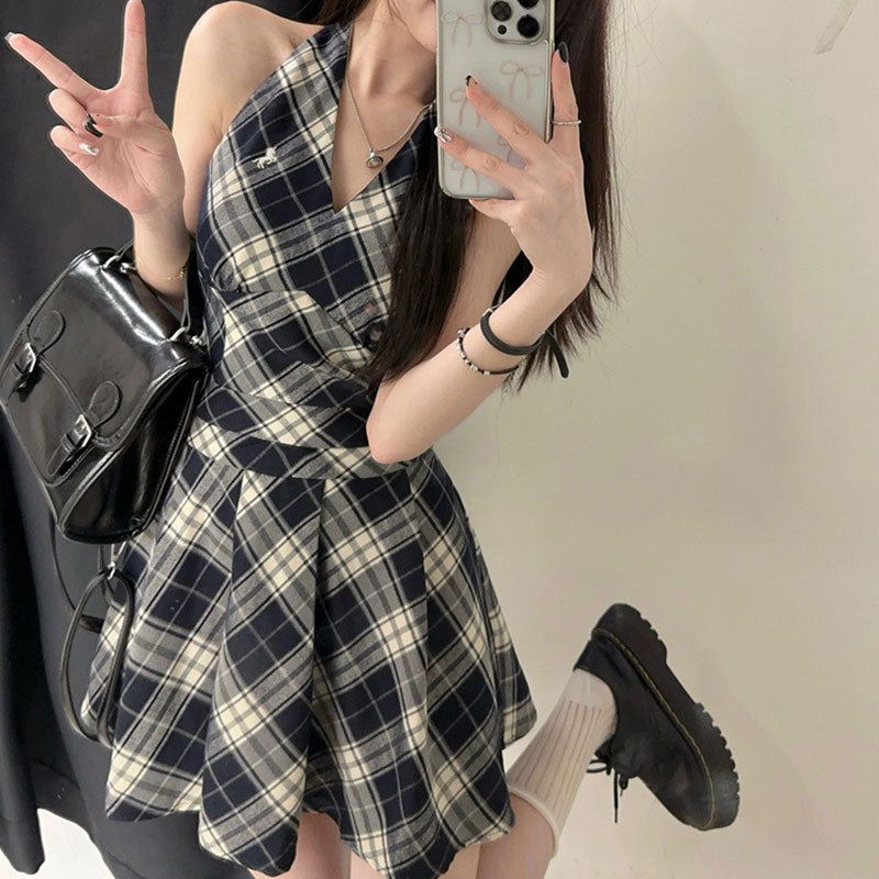 チェック柄ホルターネックドレスデートワンピース