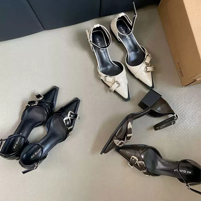 【3 色展開】ポインテッドトゥ バックルシューズ ストラップパンプス  ローヒール通勤 デート 大人可愛い 韓国風