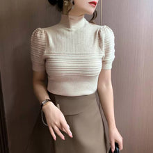 画像をギャラリービューアに読み込む, ボーダー柄パフスリーブ半袖ニットトップス
