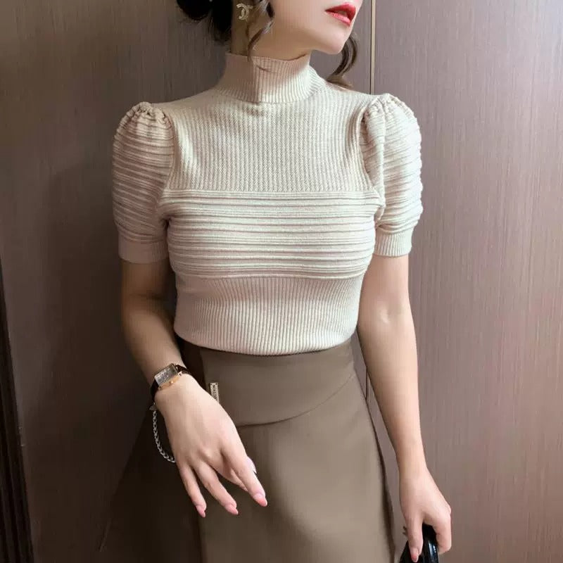 ボーダー柄パフスリーブ半袖ニットトップス