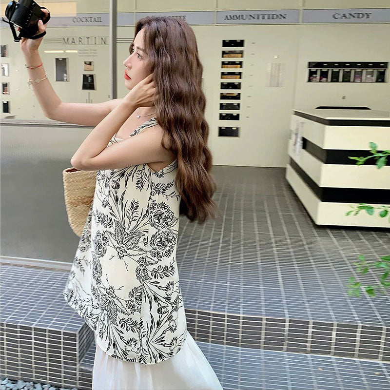 花柄ノースリーブベストワンピース重ね風 韓国風 ゆったりシルエットカジュアル お出かけ 大人可愛い