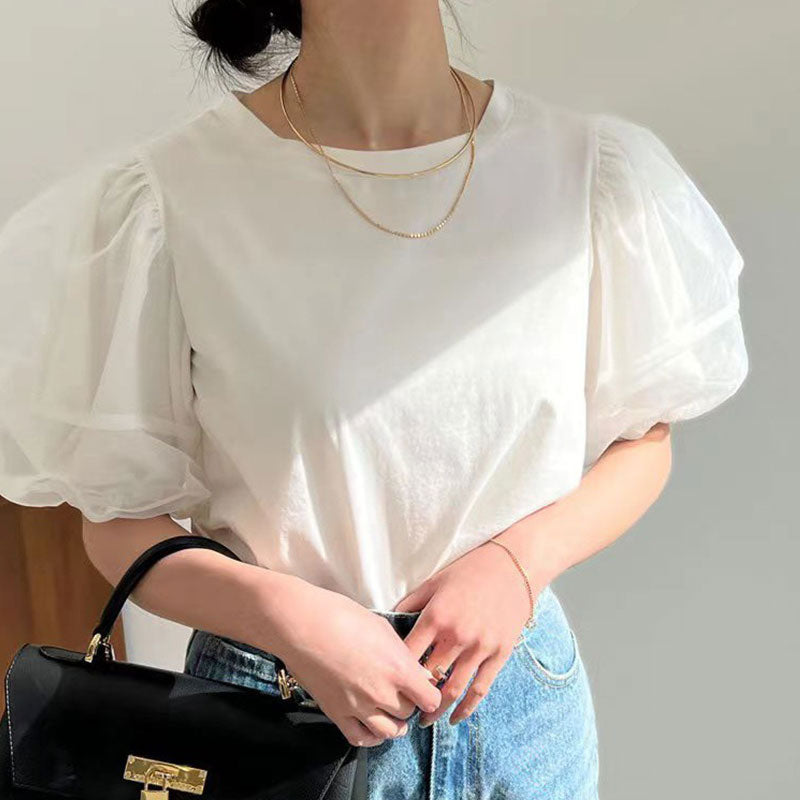 メッシュパフスリーブ半袖Tシャツトップス