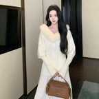 ファー襟 V ネック ケーブル編みニットセーター ゆったりトップス 韓国フェミニン 4 色展開