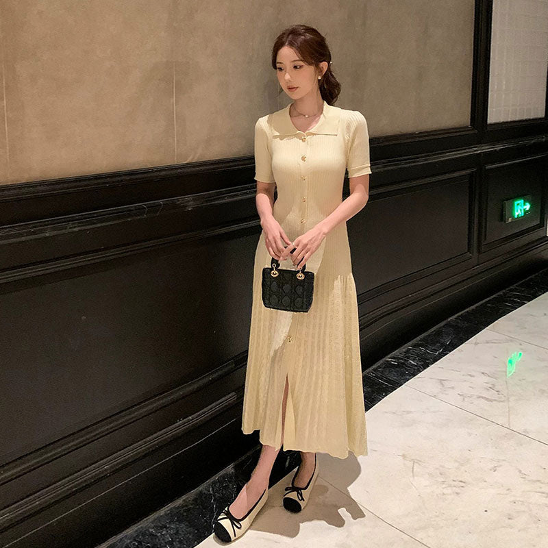 ポロ襟半袖リブニットロングワンピース 細見え 韓国風 上品2 色展開通勤 デートワンピース