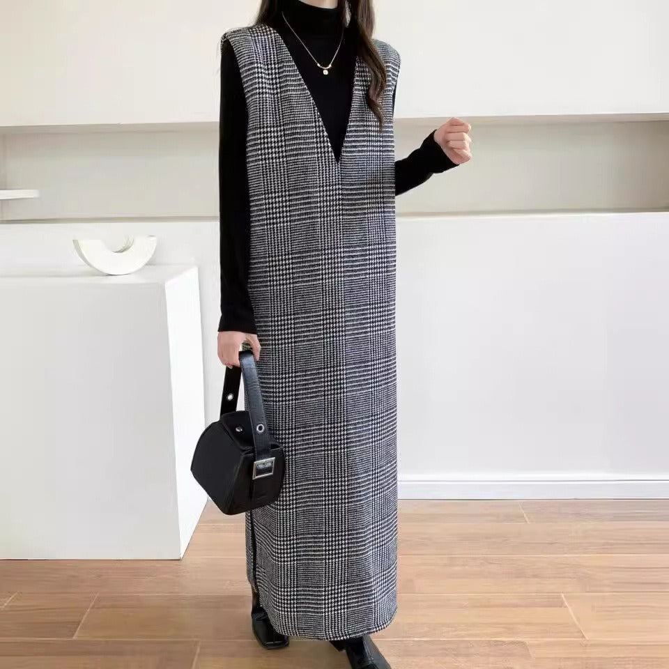チェック柄Ｖネックベストワンピースカジュアルワンピース