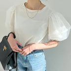 メッシュパフスリーブ半袖Tシャツトップス