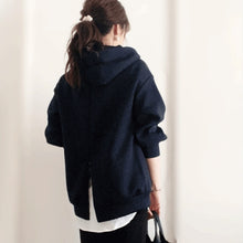 画像をギャラリービューアに読み込む, ネイビーフード付きパーカートップス＆ブラックＨラインスカート配色セットアップ
