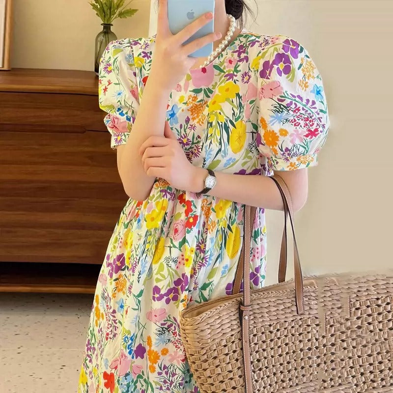 花柄半袖パフスリーブデートワンピース