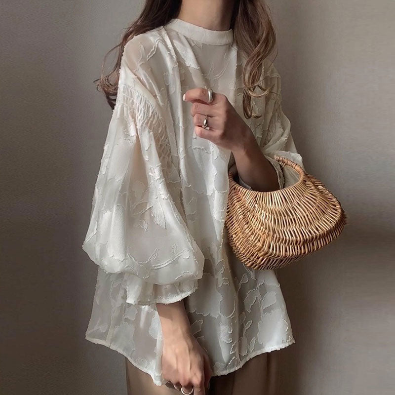 前後リバーシブル花柄シースルートラペットブラウストップス