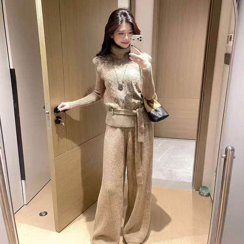 3 点セット ハイネック長袖インナー + ケーブル編みベストベルト付き + ワイドパンツ 韓国ファッション きれいめ セットアップ ルーズシルエット