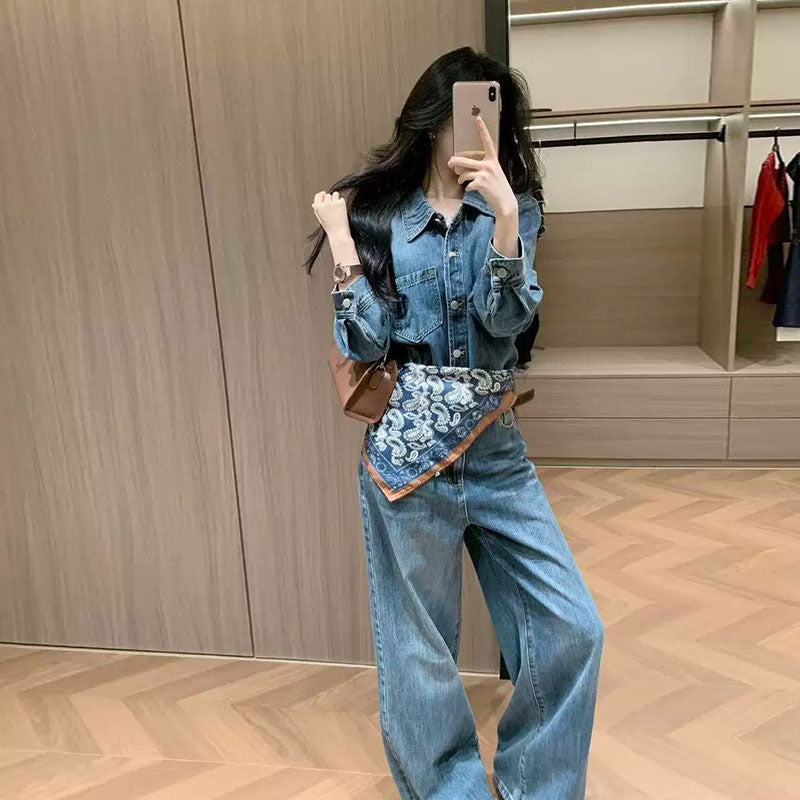 【オシャレ通勤】デニムセットアップ 長袖トップス+ハイウエストワイドパンツ カジュアルコーデ 着回し力抜群ベルトとスカーフ付き