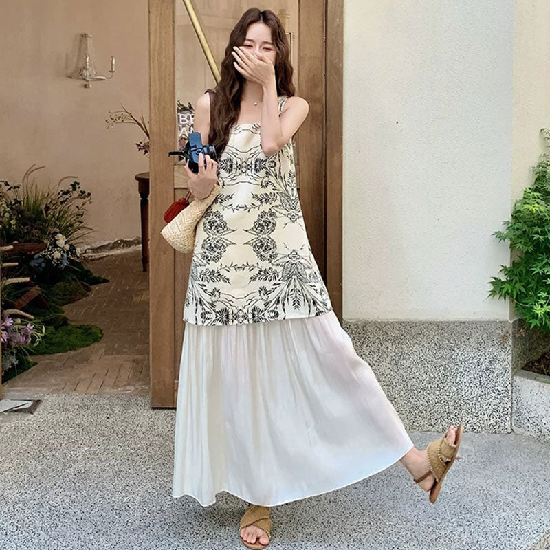 花柄ノースリーブベストワンピース重ね風 韓国風 ゆったりシルエットカジュアル お出かけ 大人可愛い