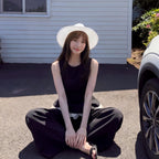 ノースリーブペプラムトップス+ワイドパンツ セットアップ ブラック チュール裾 韓国風 エレガント 大人可愛い オフィス デート