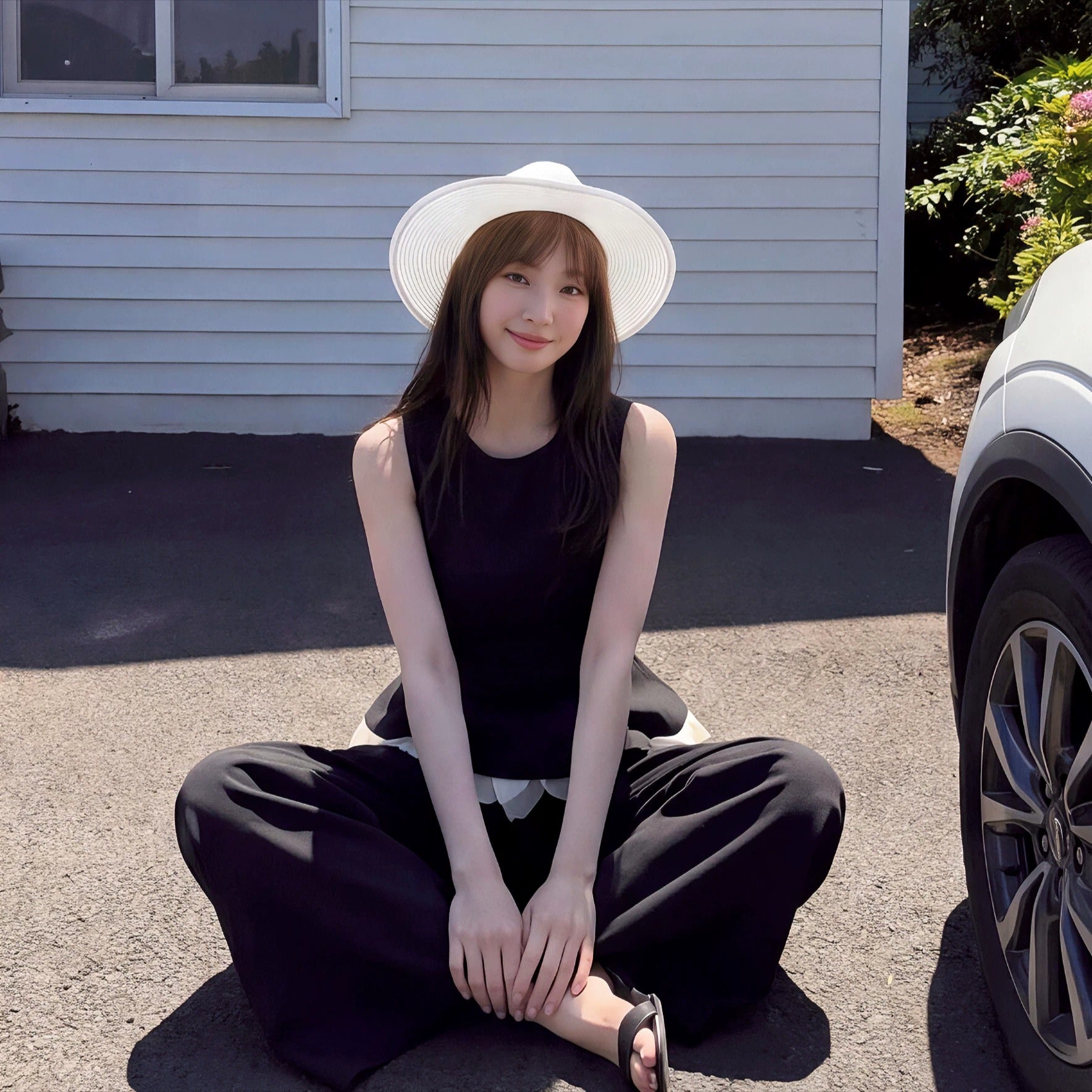 ノースリーブペプラムトップス+ワイドパンツ セットアップ ブラック チュール裾 韓国風 エレガント 大人可愛い オフィス デート