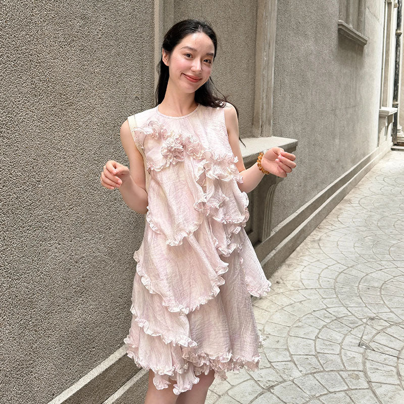 フリル ケーキレイヤード ノースリーブ ミニワンピース ゆるシルエットカジュアルワンピース