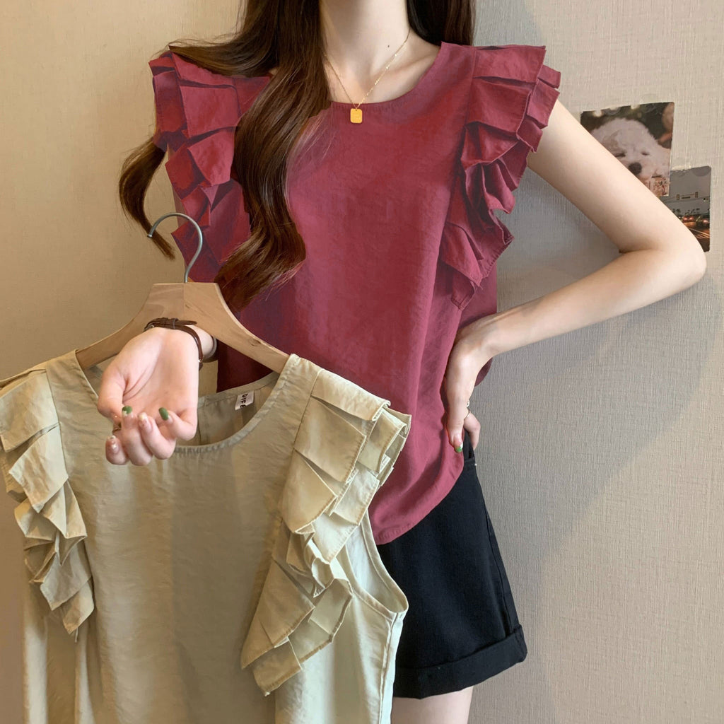 フリル裾無袖無地Tシャツトップスシンプルコーデ