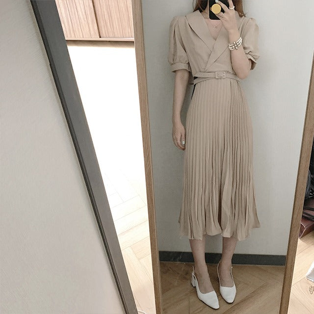 折ネックプリーツパフスリーブデートワンピース（ベルト付き）ジッパー付き