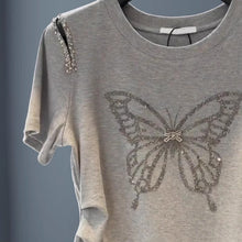 画像をギャラリービューアに読み込む, 半袖ビーズ付き蝶々プリントTシャツトップス
