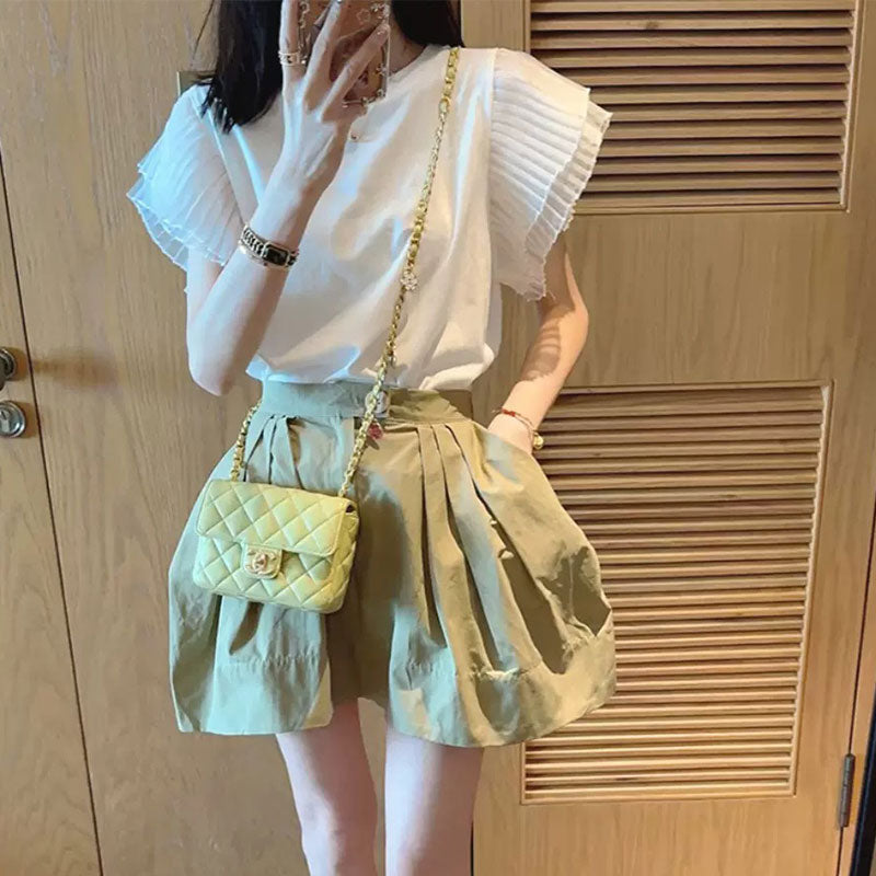 フリル裾メッシュ切替白Tシャツトップス