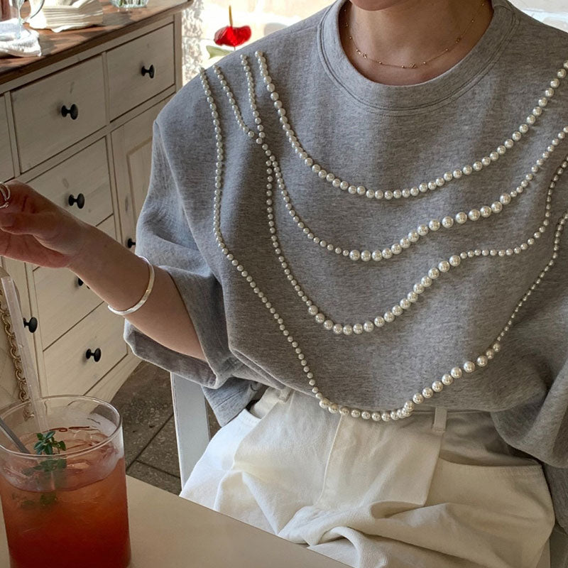 半袖Tシャツビーズ付きシンプルコーデしやすいトップス