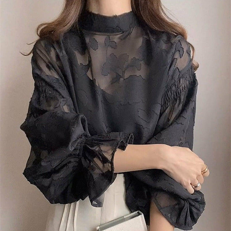 前後リバーシブル花柄シースルートラペットブラウストップス