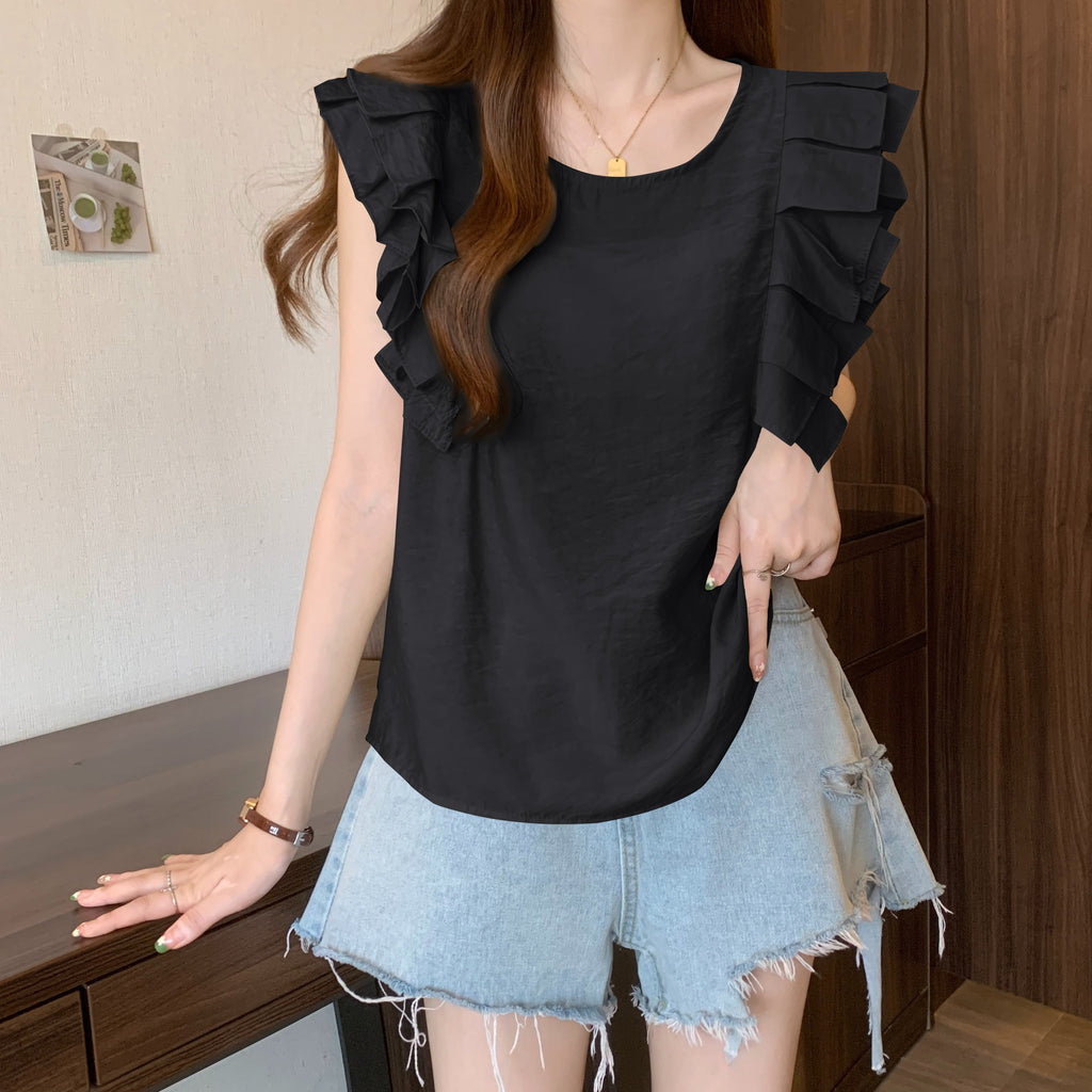 フリル裾無袖無地Tシャツトップスシンプルコーデ
