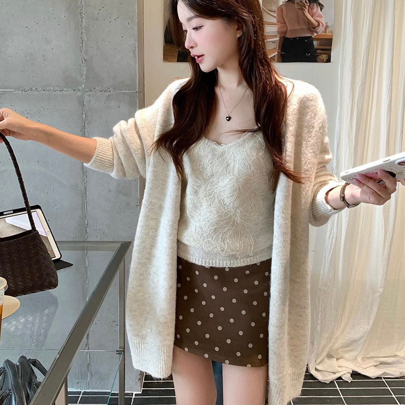 トップス 2 点セットレースキャミソール＋ニットカーディガン 韓国風 大人可愛い セットアップ 柔らか素材