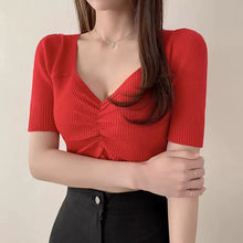 画像をギャラリービューアに読み込む, 無地Vネックギャザーデザイン半袖ニットトップス
