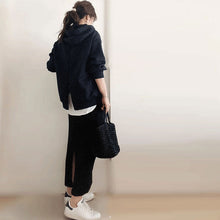 画像をギャラリービューアに読み込む, ネイビーフード付きパーカートップス＆ブラックＨラインスカート配色セットアップ
