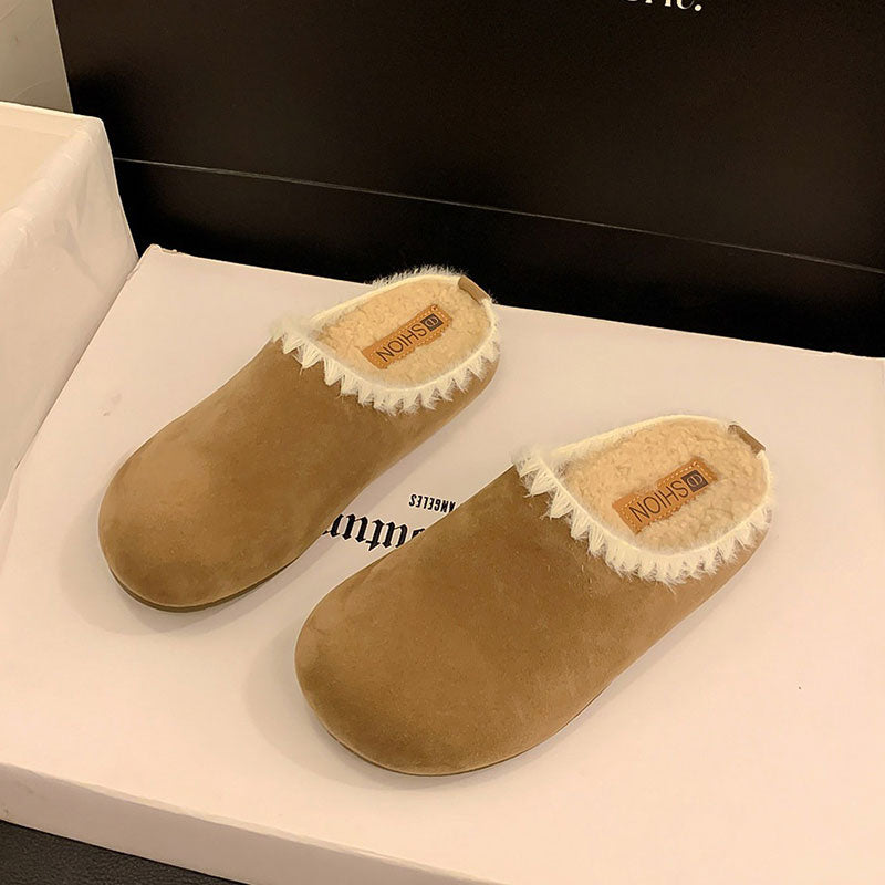 裏ボア あったかミュール防寒スリッパ 室内履き お出かけ OK 丸トゥ カラーシューズ