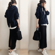 画像をギャラリービューアに読み込む, ネイビーフード付きパーカートップス＆ブラックＨラインスカート配色セットアップ
