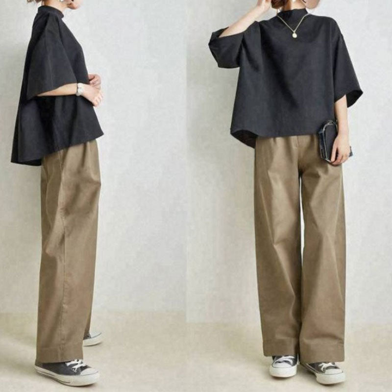 リゾート黒トップス＆カジュアルパンツセットアップ