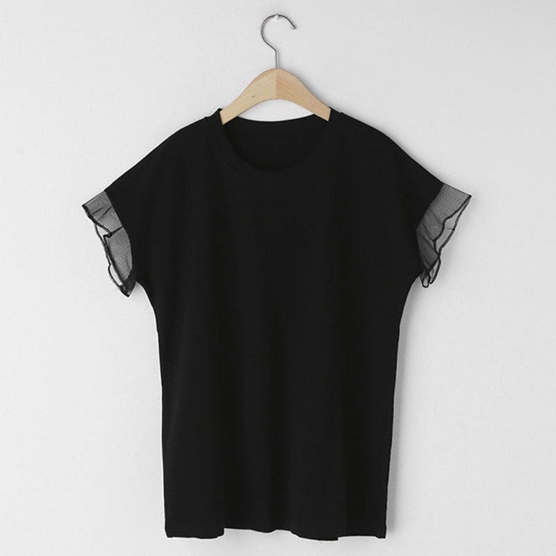フレンチ袖メッシュ切替袖シンプルコーデTシャツトップス