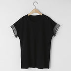 フレンチ袖メッシュ切替袖シンプルコーデTシャツトップス
