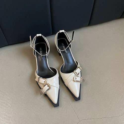 【3 色展開】ポインテッドトゥ バックルシューズ ストラップパンプス  ローヒール通勤 デート 大人可愛い 韓国風